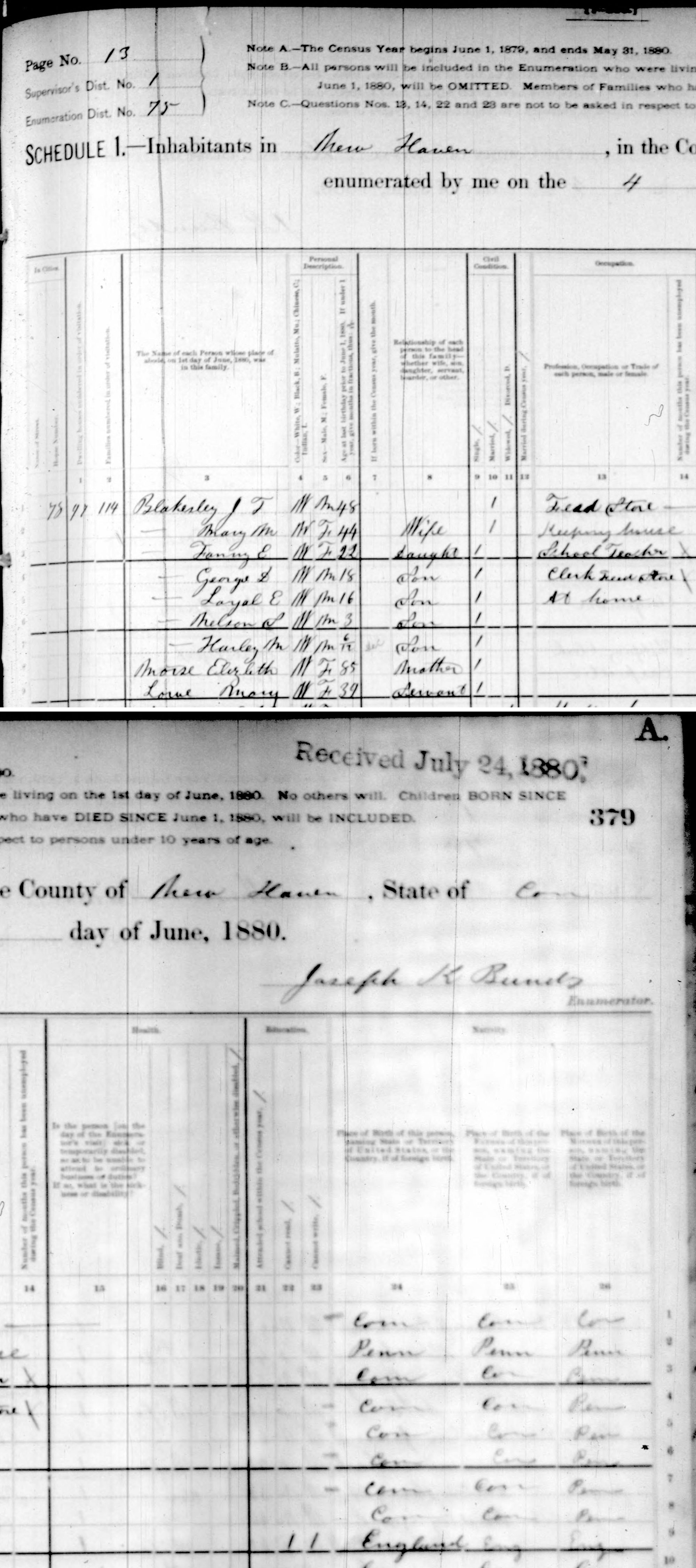 1880 U.S. census, Schedule 1, Inhabitants in New Haven, County of New Haven, State of Connecticut, page 13, supervisor's district 1, enumeration district 75, enumerated June 4, 1880 by Joseph K. Bundy (probably), shown in two halves stacked, lines 1 to 9. House 75 or 78 (unclear), dwelling 97, family 114: Blakesley J. T., 48, feed store; Mary M., wife, 44, keeping house, born Pennsylvania; Fanny E., daughter, 22, school teacher; George L., son, 18, clerk in feed store; Loyal E., son, 16, at home; Nelson S., son, 3; Harley M., son, 6/12; Morse Elizabeth, mother, 85; Lowe Mary, servant, 39, cannot read or write, born England of English parents.