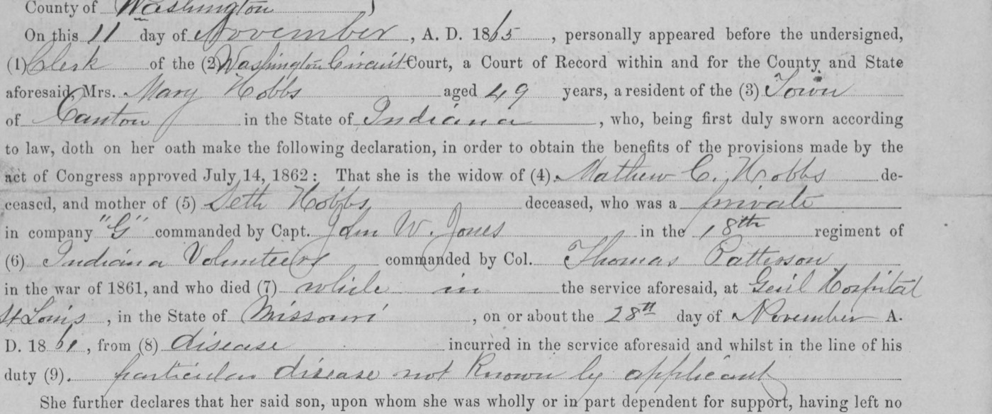 Handwritten entries on a printed Mother's Application for Army Pension: Mrs. Mary Hobbs, aged 49, of the town of Canton, says her son Seth died while in the service at the general hospital, St. Louis, Missouri, on or about November 28, 1861, from disease, particular disease not known by applicant.