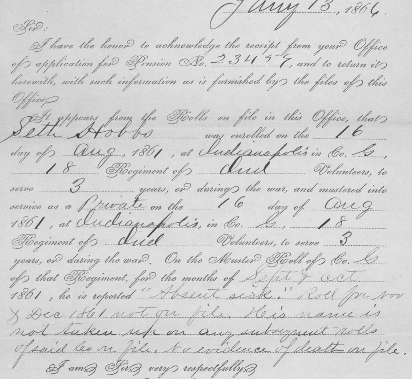 Handwritten letter on a printed Adjutant General's Office form: Seth Hobbs was enrolled and mustered as a private on August 16, 1861, at Indianapolis in Co. G, 18th Indiana Volunteers, for 3 years; on the muster roll for September and October 1861 he is reported Absent sick; the roll for November and December 1861 is not on file; his name is not on any later rolls; no evidence of death on file.