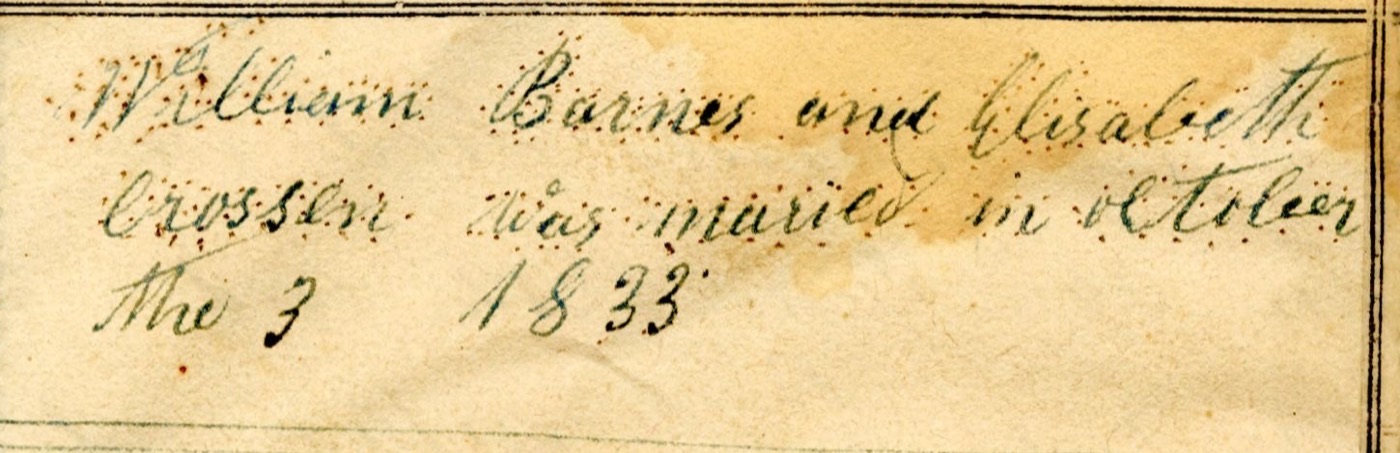 Faded handwritten marriage entry: William Barnes and Elisabeth Crossen was maried in October the 3 1833.