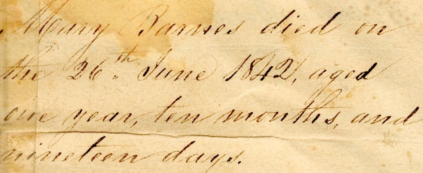 Handwritten death entry: Mary Barnes died on the 26th June 1842, aged one year, ten months, and nineteen days.