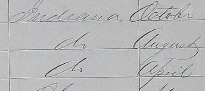 Census birthplace column: Indiana, then do, do; month column October, August, April