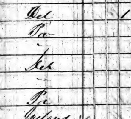 Grainy microfilm birthplace column: Del, Pa, a dash, Del, a dash, Pa, Ireland