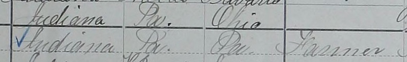 Two census rows: Indiana, Pa., Ohio; Indiana, Pa., Pa., Farmer