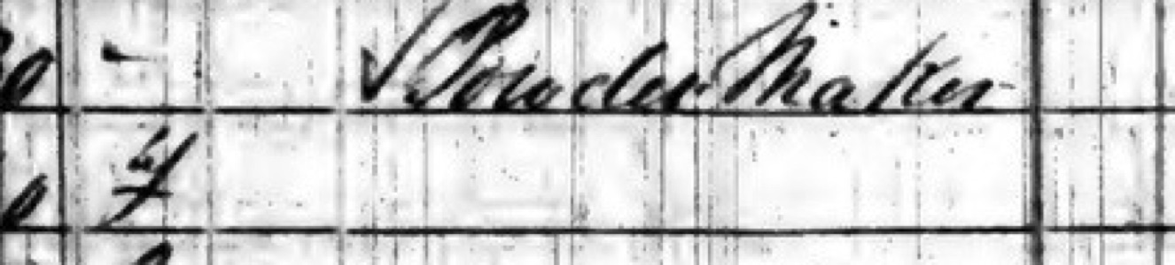 Grainy microfilm census entry with a check mark and Powder Maker
