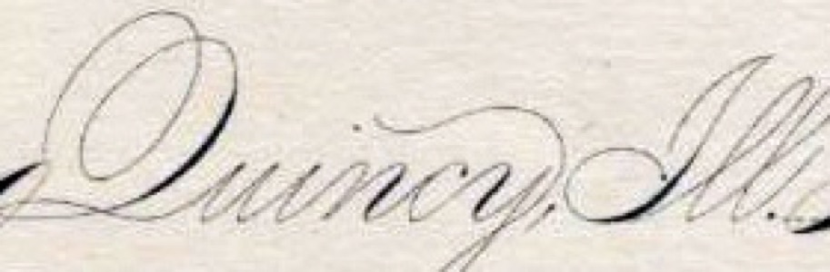 Flourished words Quincy, Ill. in Spencerian script