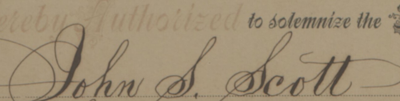 The name John S. Scott written in Spencerian script on a printed license form