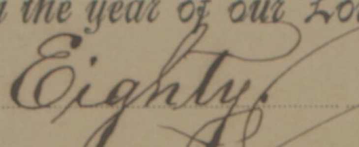 The word Eighty in Spencerian script below printed words in the year of our