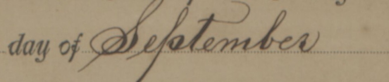 The month September written in Spencerian script after the printed words day of
