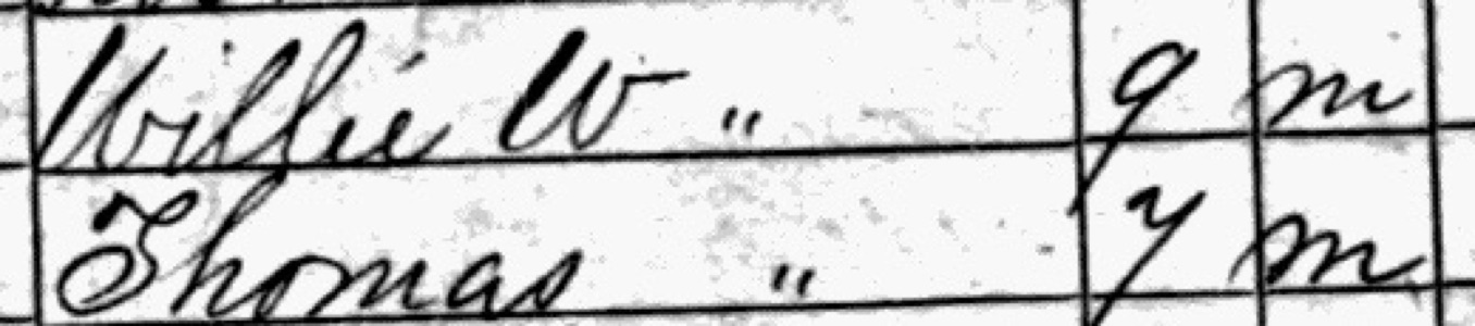 Two census lines: Willie W. aged 9 and Thomas aged 7, ages in a narrow column