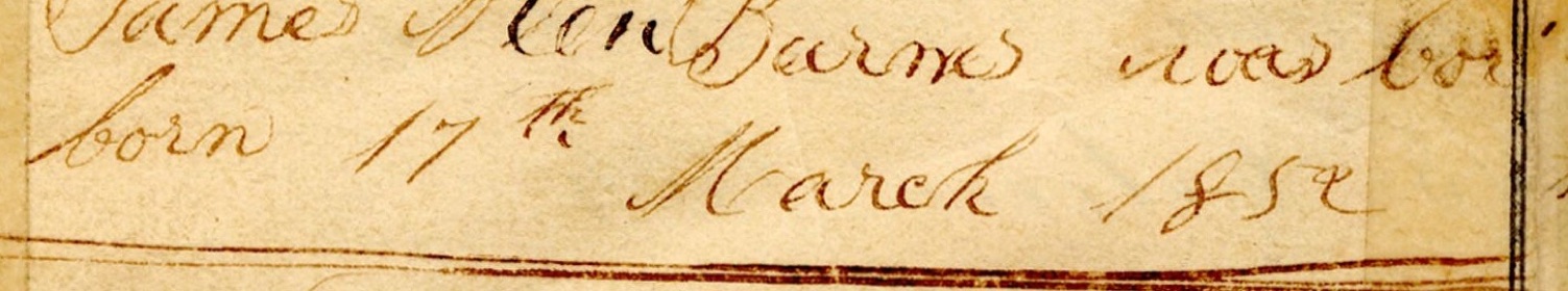 Family Bible entry: James Alen Barnes was born 17th March 1852