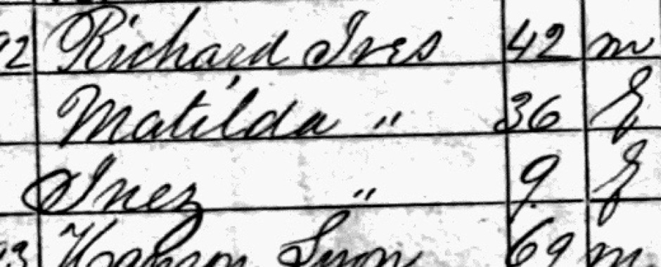 Four census lines: Richard Ives 42, Matilda 36, Inez with a single-digit age, and a man aged 69