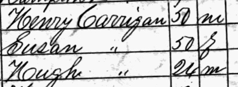 Three census lines: Henry Carrigan 50, Susan 50, Hugh with a two-digit age