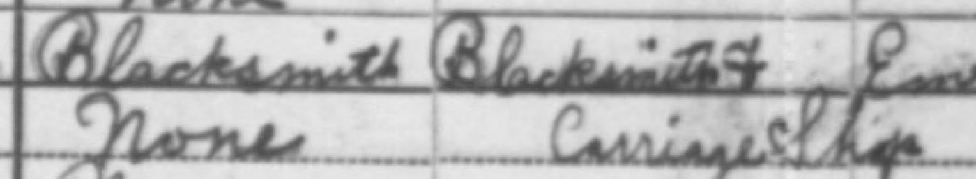 Census cells reading Blacksmith, Blacksmith and Carriage Shop, and None below