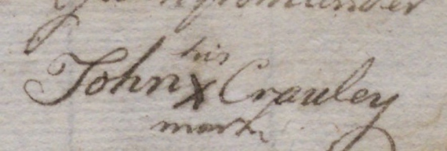 Signature John his X mark Crauley (cataloged as Crowley)