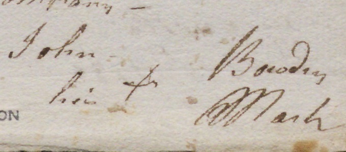 Signature written in pieces: John, his, a cross, a surname and Mark