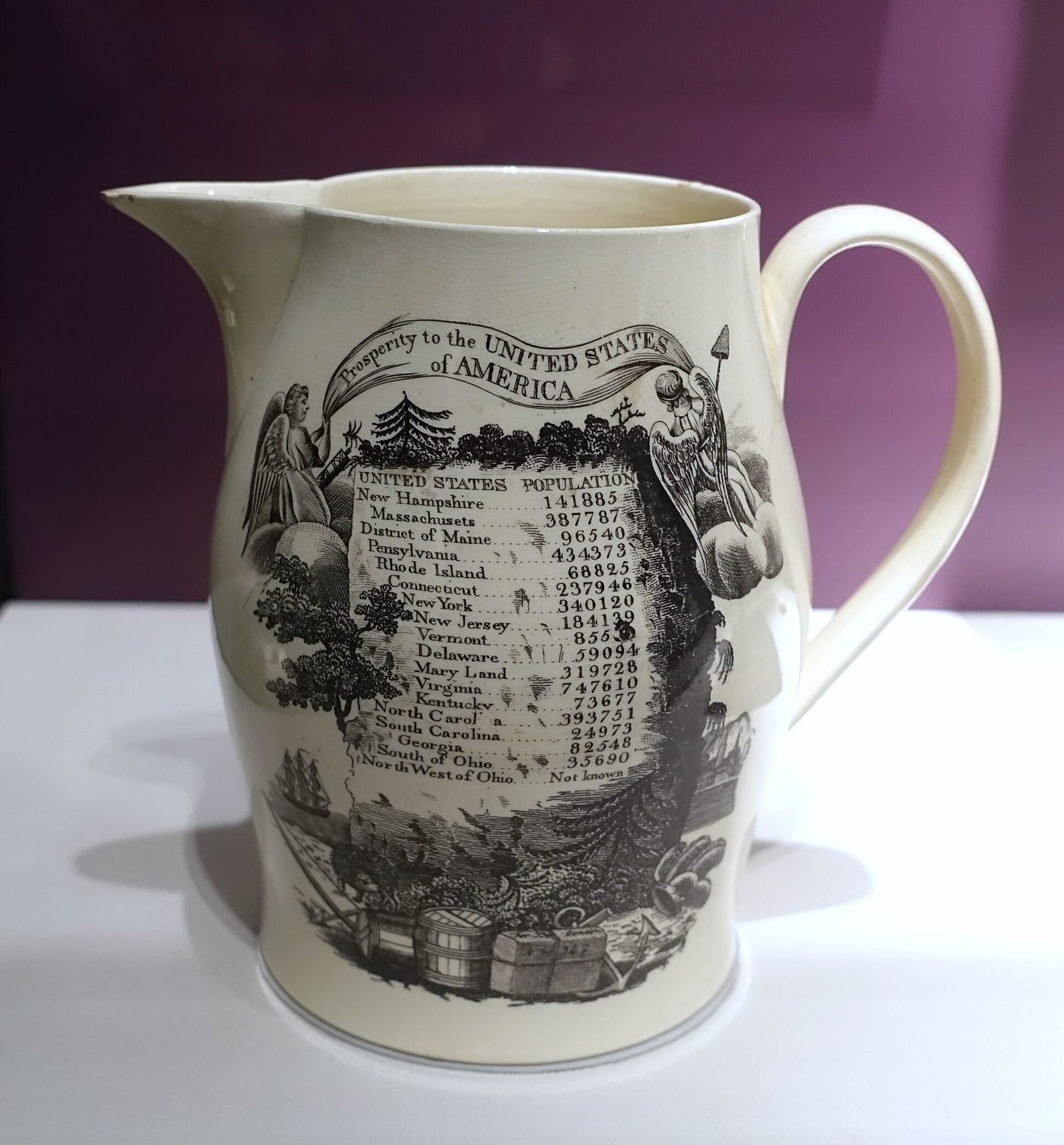 A cream-colored English pitcher printed in black with angels, a ship and the banner Prosperity to the United States of America around a table of each state's population from the 1790 census