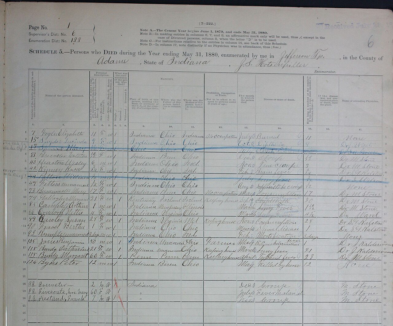 Top of an 1880 census mortality schedule, Schedule 5, Persons who Died during the Year ending May 31, 1880, for Jefferson Township, Adams County, Indiana, with columns for birthplace of the person and both parents, cause of death and attending physician