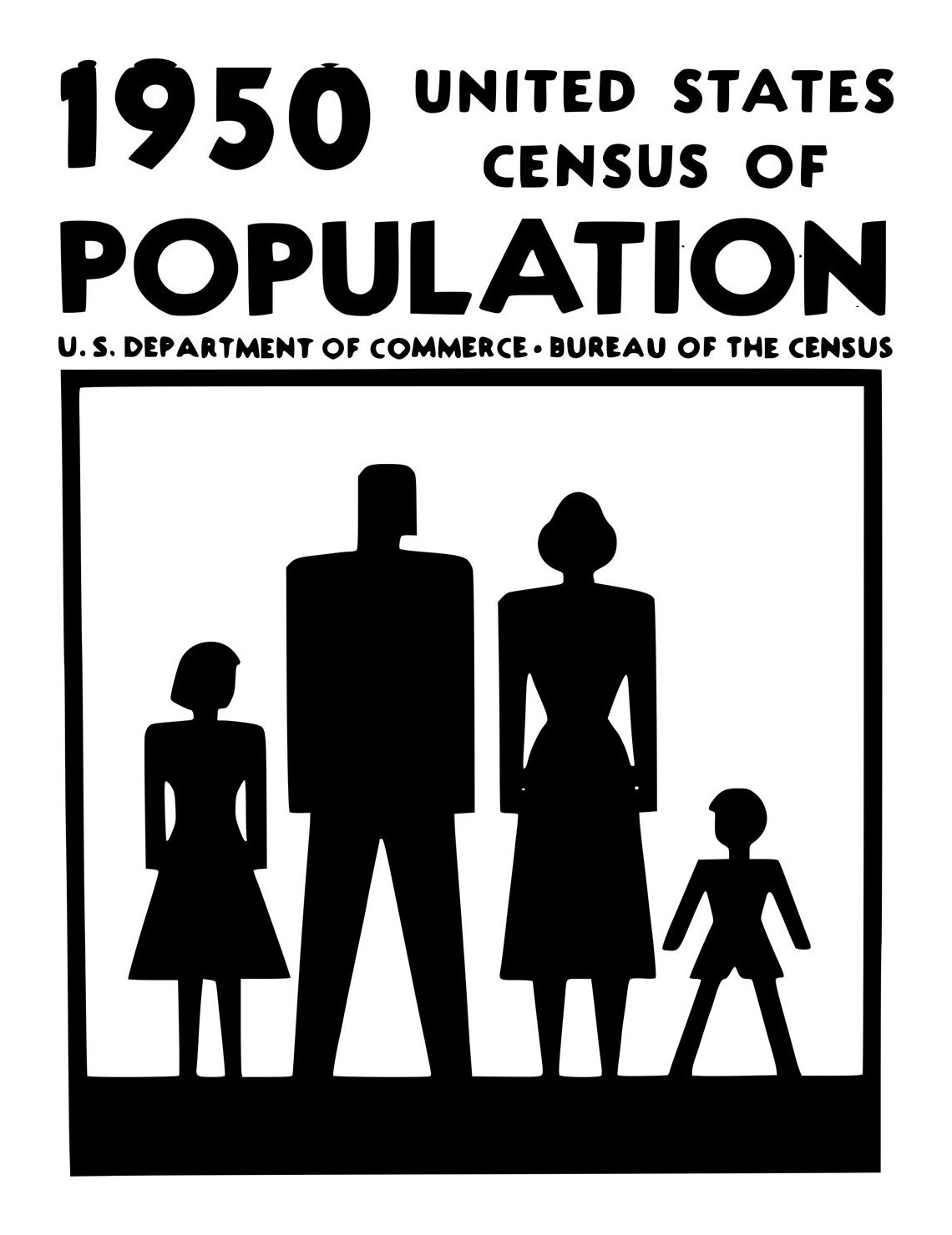 The black and white emblem of the 1950 United States Census of Population: silhouettes of a man, a woman and two children in a frame, under the words U.S. Department of Commerce, Bureau of the Census