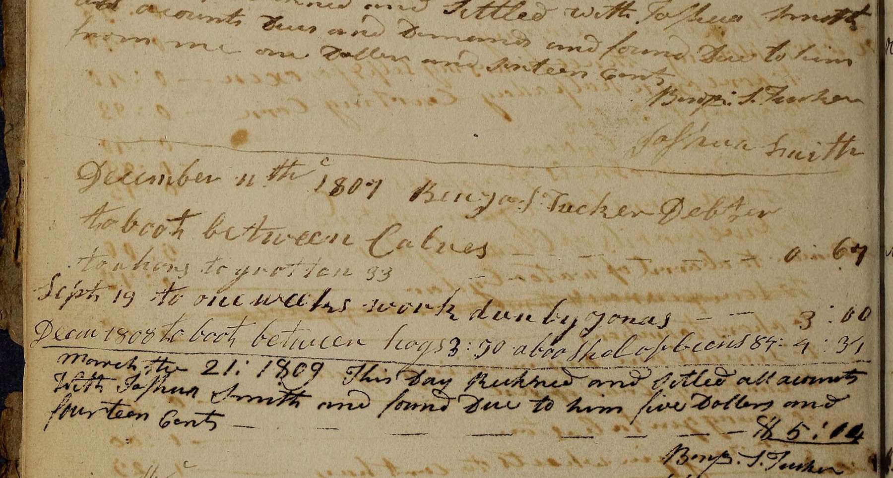 A handwritten account book page with entries dated 1807 to 1809, including the word Debter and sums in dollars and cents