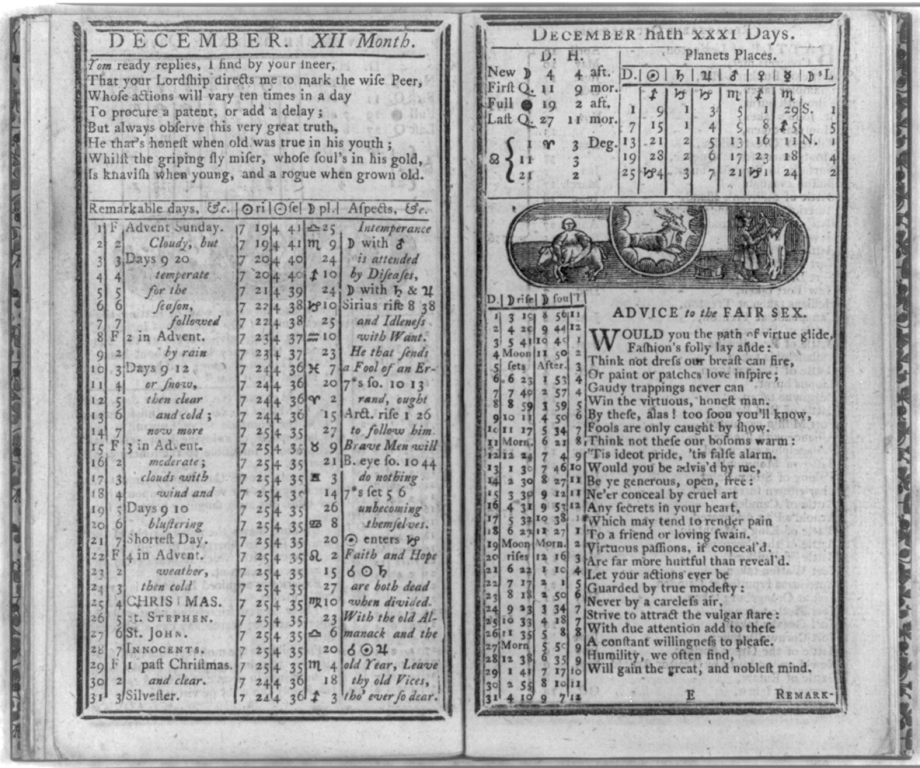Two pages of an almanac for December, with a day-by-day table of sunrise, sunset and moon phases