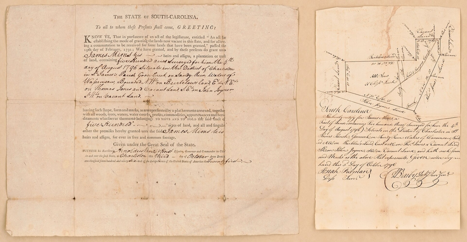 A printed South Carolina land grant filled in by hand, beside a hand-drawn survey plat of 500 acres
