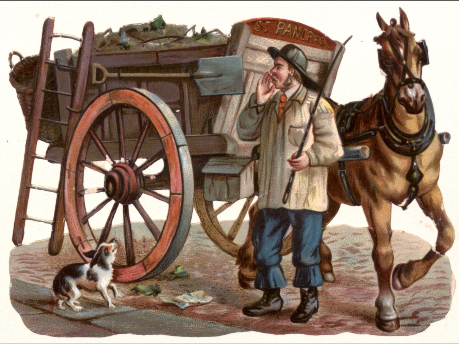 Colored print of a man in a smock and hat holding a whip beside a big-wheeled cart lettered St Pancras and a harnessed horse, a small dog barking at his feet