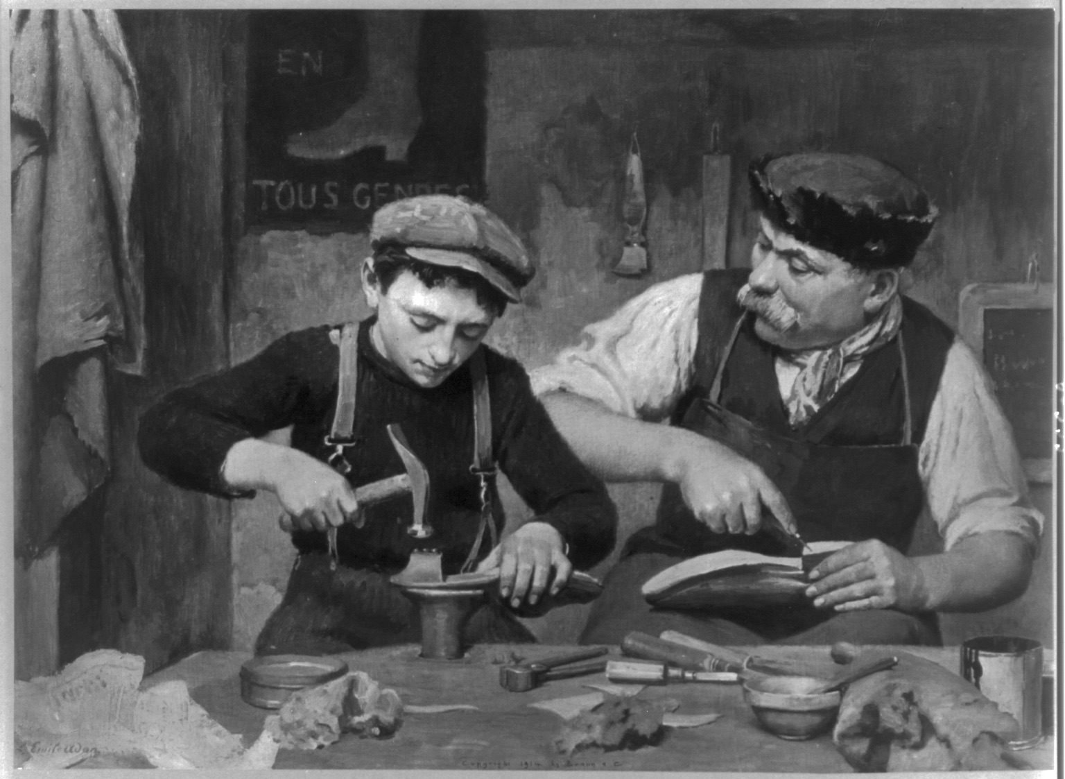 A boy in a cap hammers a leather sole on an iron stand while an older shoemaker in an apron trims a shoe beside him