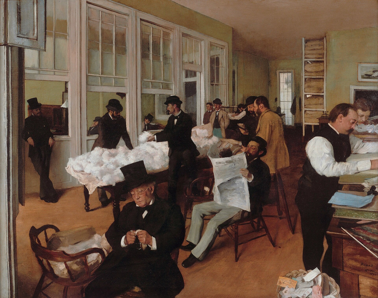 Painting of men in dark suits and hats in a bright office, pulling apart white cotton on a table, reading a newspaper and keeping ledgers