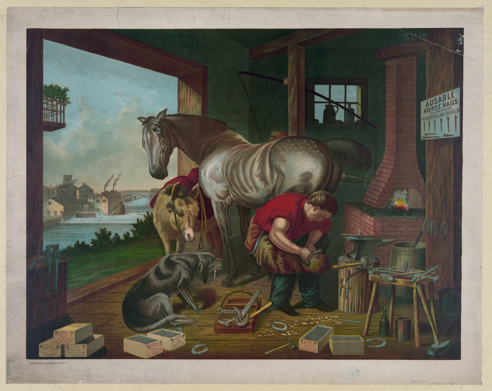 Color print of a man in a leather apron holding a horse's hoof between his knees and hammering in a nail, with a forge, anvil, horseshoes and boxes of nails around him