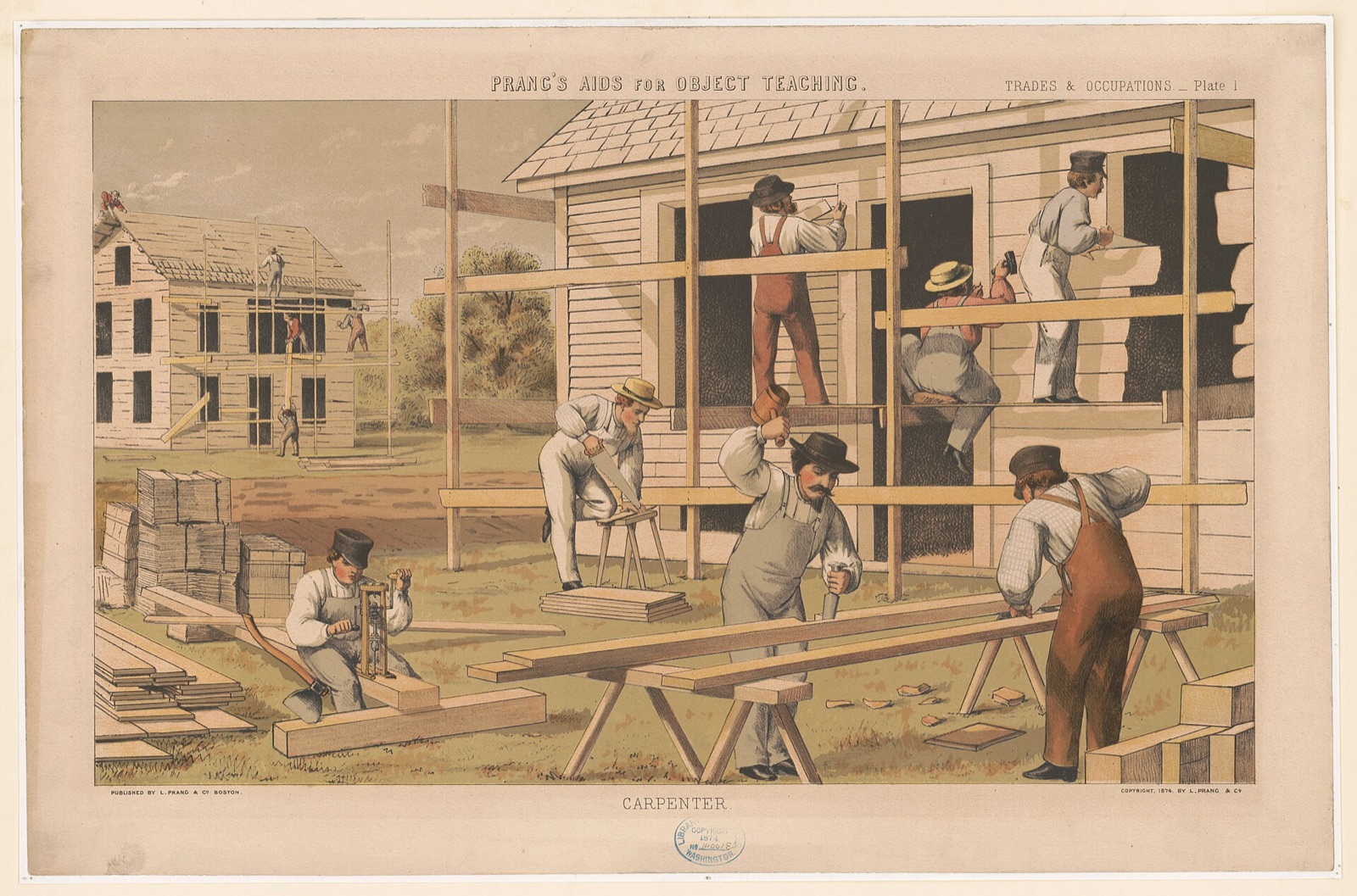 Color lithograph titled Carpenter: men on scaffolding nail clapboards to a frame house while others saw, plane and bore timbers on sawhorses