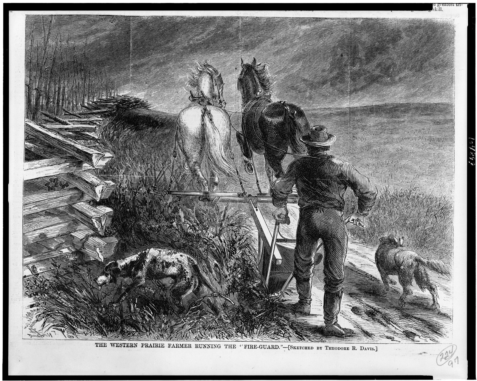 Engraving of a farmer seen from behind gripping the handles of a plow pulled by two horses beside a rail fence, two dogs alongside