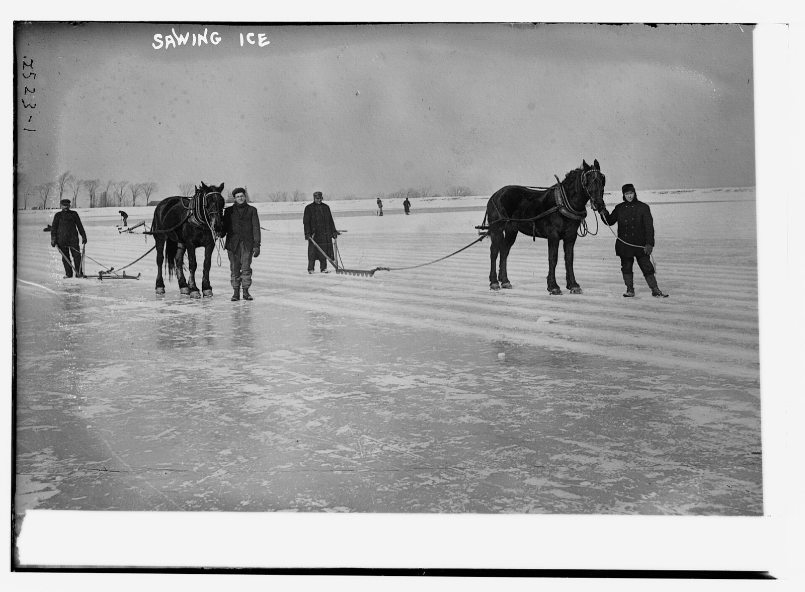 Men and two harnessed horses on a wide frozen lake, pulling toothed ice plows that cut long parallel grooves in the ice