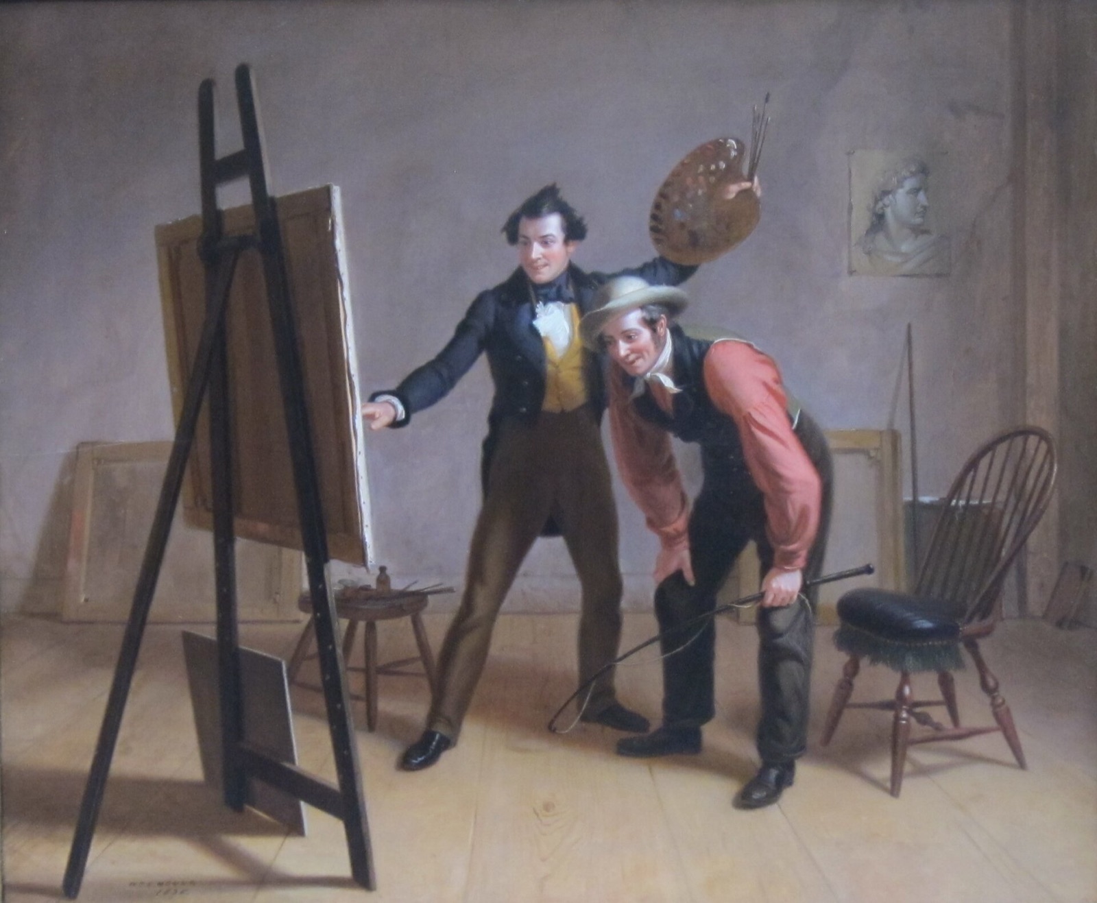 Painting of an artist holding his palette high and pointing at a canvas on an easel while a farmer with a whip bends to look at it