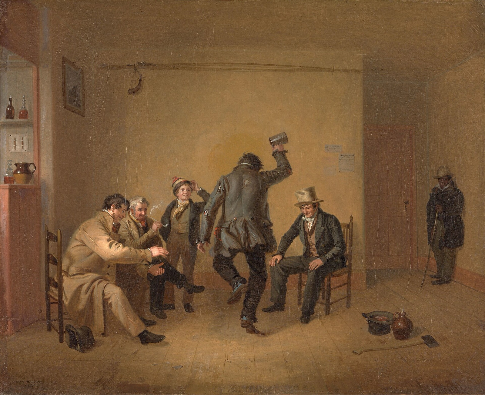 Painting of men in a plain tavern room laughing as a man dances with a tankard, bottles and a pitcher on the bar shelves at left