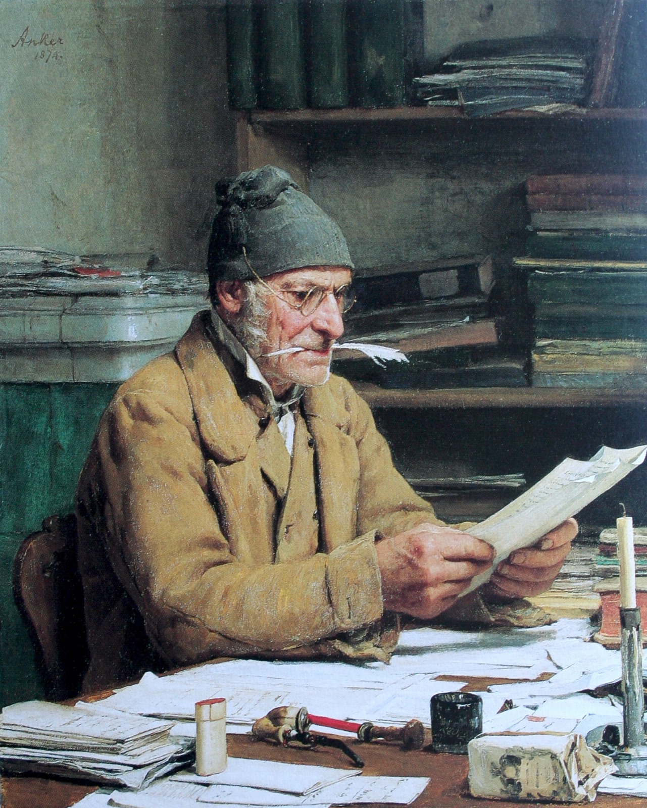 Painting of an old man in spectacles and a knit cap at a desk heaped with papers, ink pot, seal and candle, a quill held in his teeth