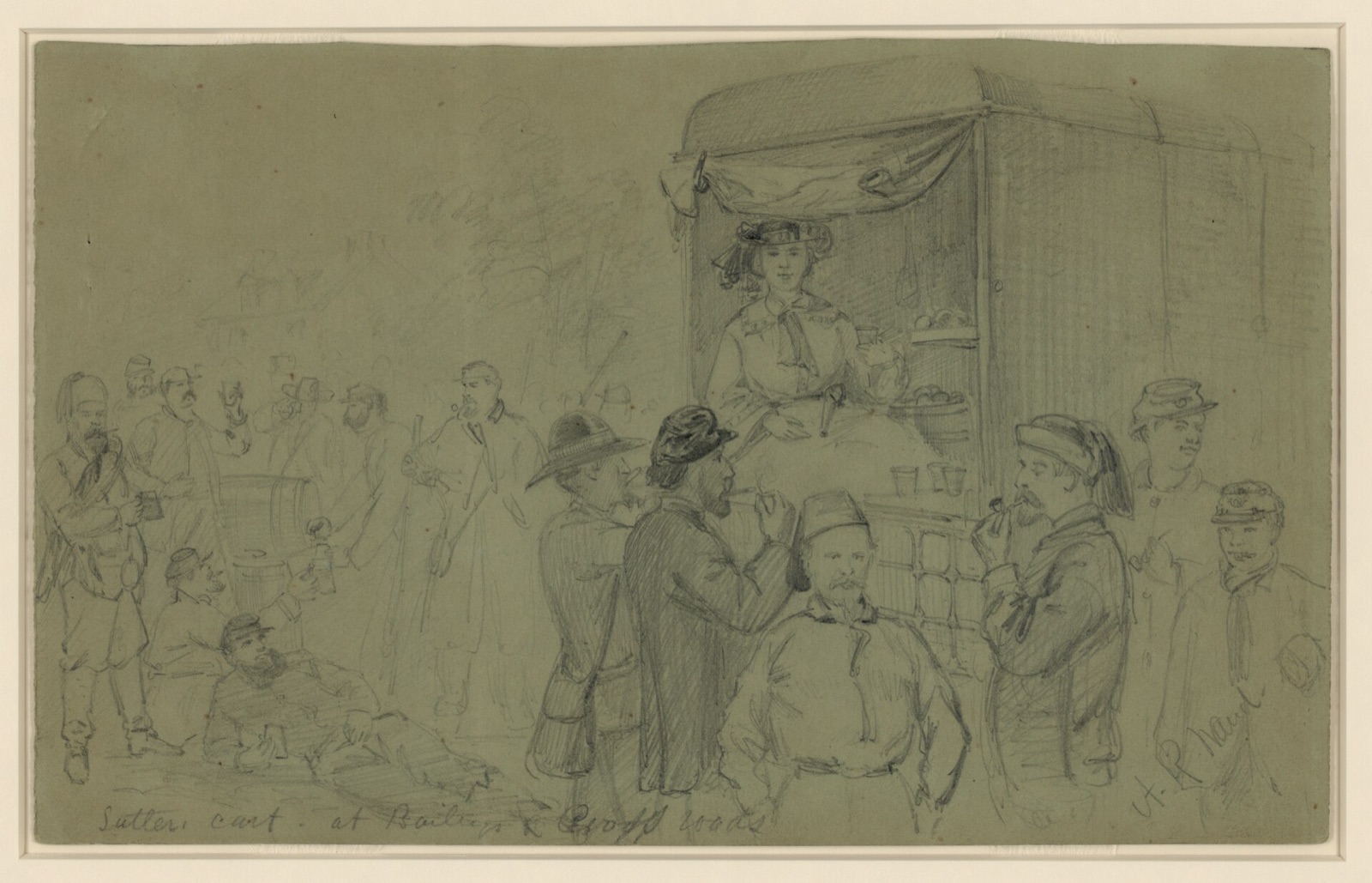 Pencil sketch of soldiers with pipes and cups crowded around a covered cart where a woman sells drinks and fruit