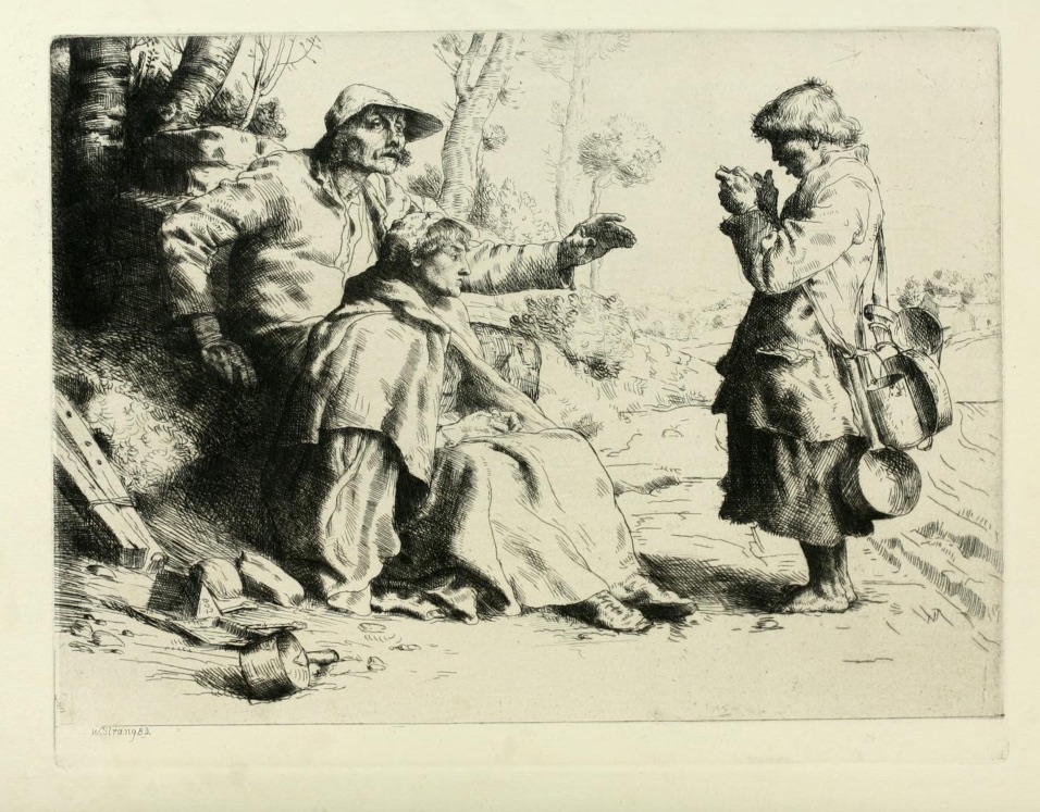 Etching of a man and woman sitting under a tree while a barefoot boy hung with pots and kettles stands before them