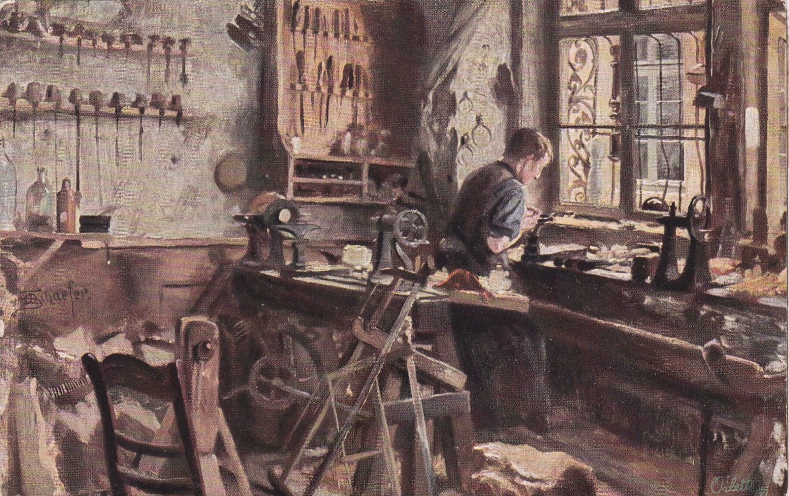 Painting of a man in a waistcoat bent over a small lathe at a long workbench by a window, chisels and turned pieces hanging on the walls