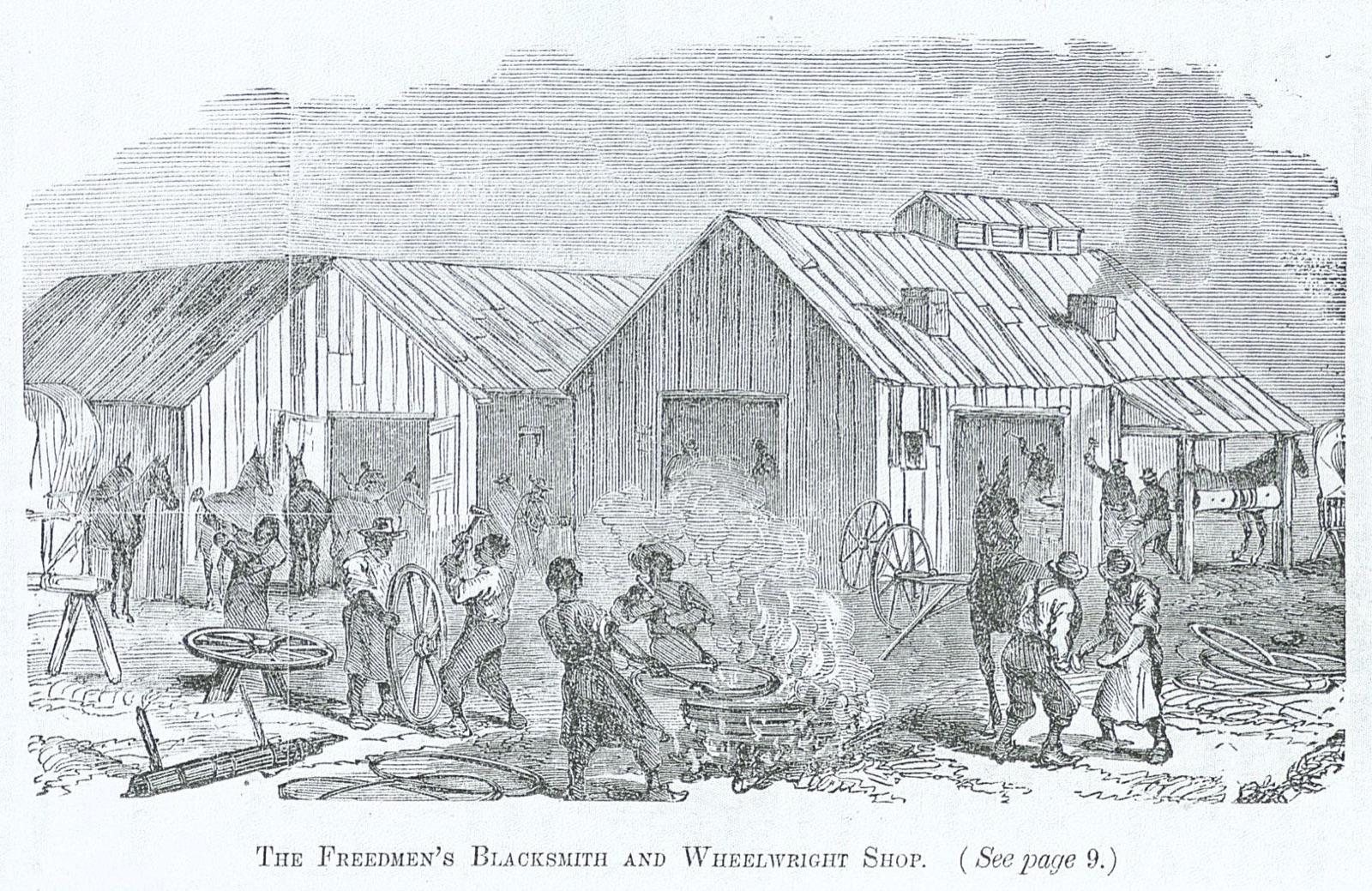 Engraving of men outside wooden sheds hammering wheel rims and heating iron tires over a fire, with mules, carts and wheels all around