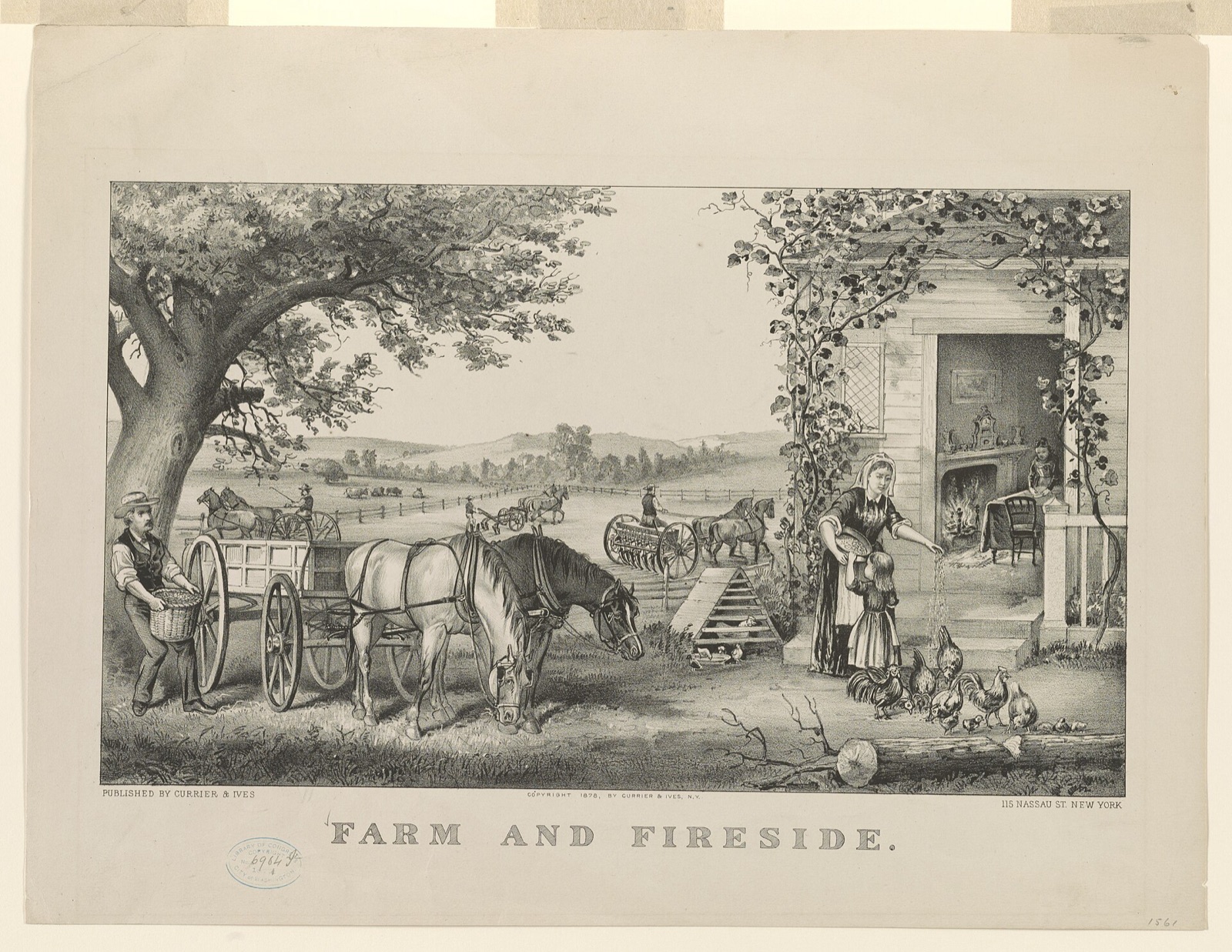 Lithograph of a farm: a man with a basket by a horse-drawn wagon under a tree, teams working the fields beyond, and a woman and girl feeding chickens at the door of the farmhouse