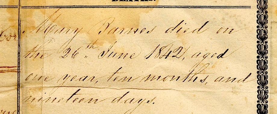 Handwritten entry in the Deaths column of a family record page: Mary Barnes died on the 26th June 1842, aged one year, ten months, and nineteen days