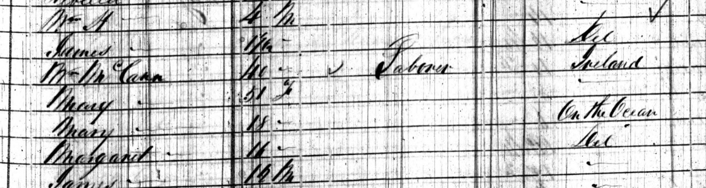 Seven handwritten lines of the 1850 census, from Wm H. to James. Wm McCann, 40, laborer, born Ireland; Mary, 51; Mary, 18, born On the Ocean; Margaret, 11, born Del.