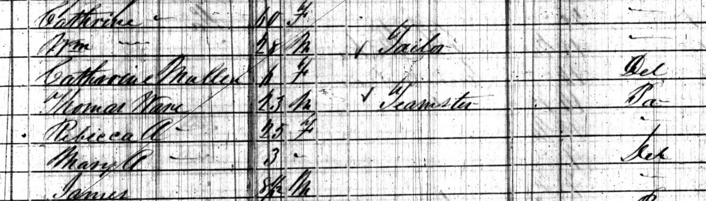Seven handwritten lines of the 1850 census. Thomas Ware, 23, male, occupation Teamster, born Pa; above him Catharine Muller, born Del.