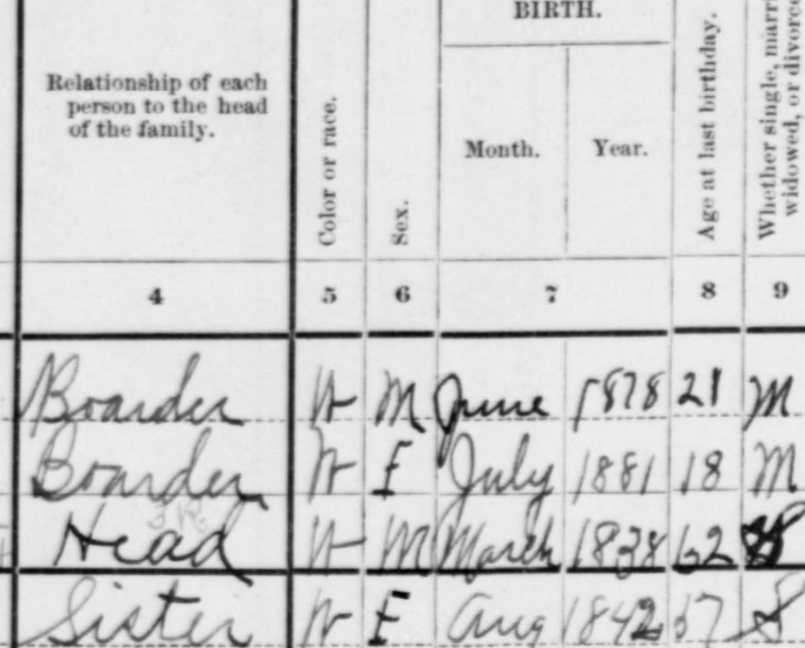 Part of an 1900 census sheet with printed headers. Head, white, male, March 1838, age 62; Sister, white, female, Aug 1842, age 57.