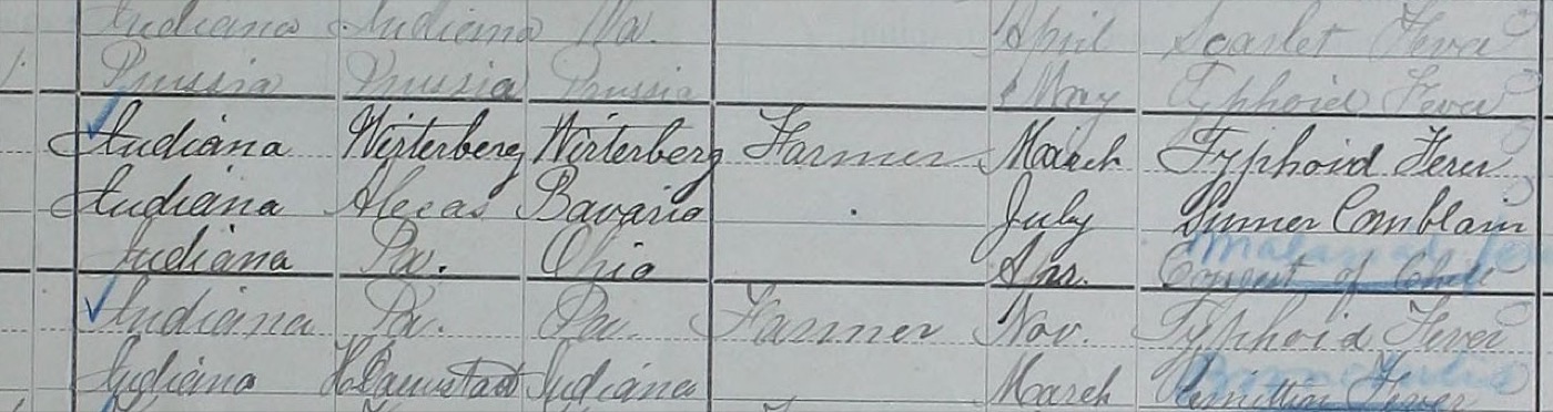 Columns of an 1880 mortality schedule: birthplace, father's and mother's birthplace, occupation, month and cause. One line reads Indiana, Alecas, Bavaria, July, Summer Complaint.
