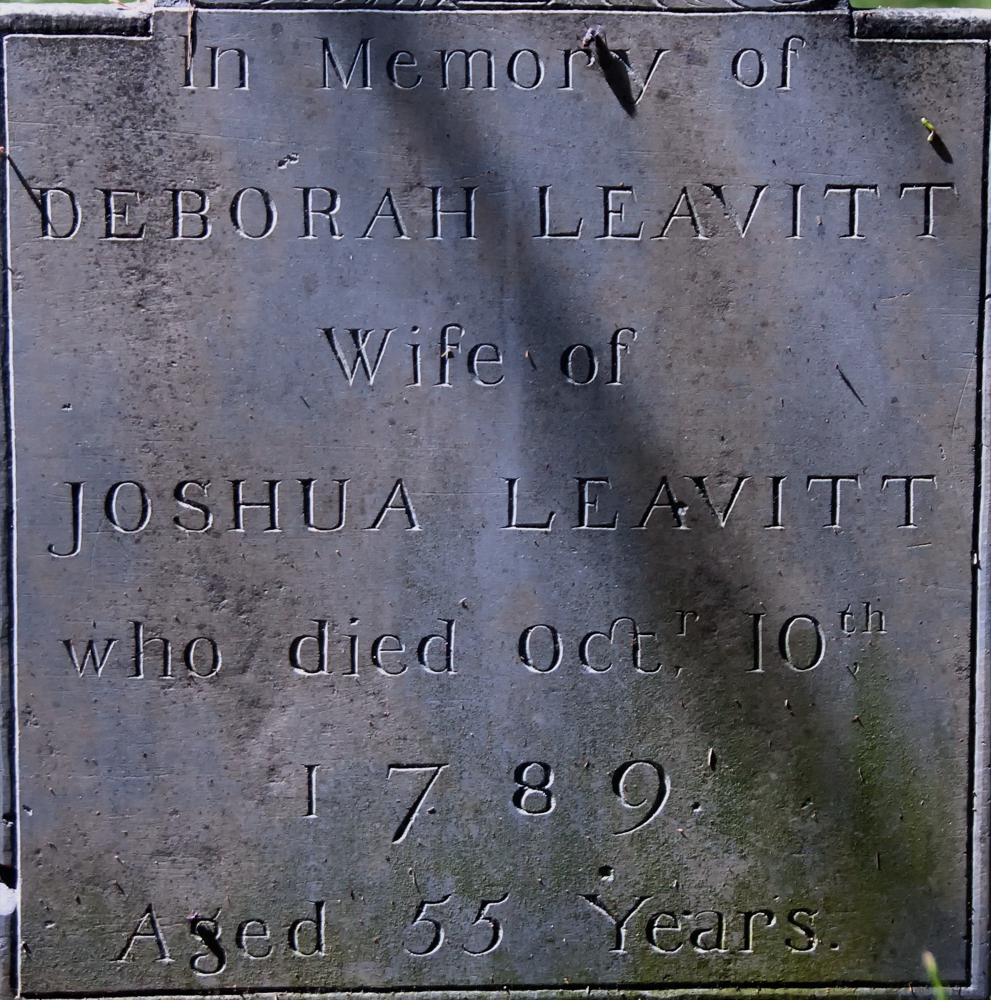 Slate gravestone: In Memory of Deborah Leavitt, wife of Joshua Leavitt, who died Octr 10th 1789, aged 55 years