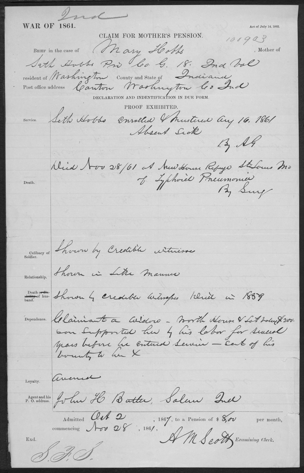 Printed form headed Claim for Mother's Pension, filled in by hand: Brief in the case of Mary Hobbs, Mother of Seth Hobbs Pri Co. G 18 Ind Vol, with lines for service, death, dependence, and admitted Oct 2 1867 to a pension of $8.00 per month
