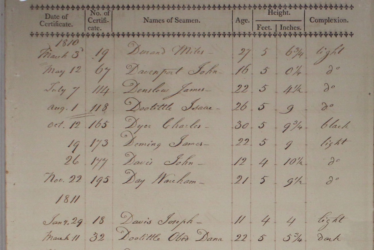 Handwritten ledger page with printed column headings Date of Certificate, No. of Certificate, Names of Seamen, Age, Height in feet and inches, and Complexion. Entries begin in 1810. The last line shown reads March 11, 32, Doolittle Obed Dana, 22, 5, 5¾, dark.