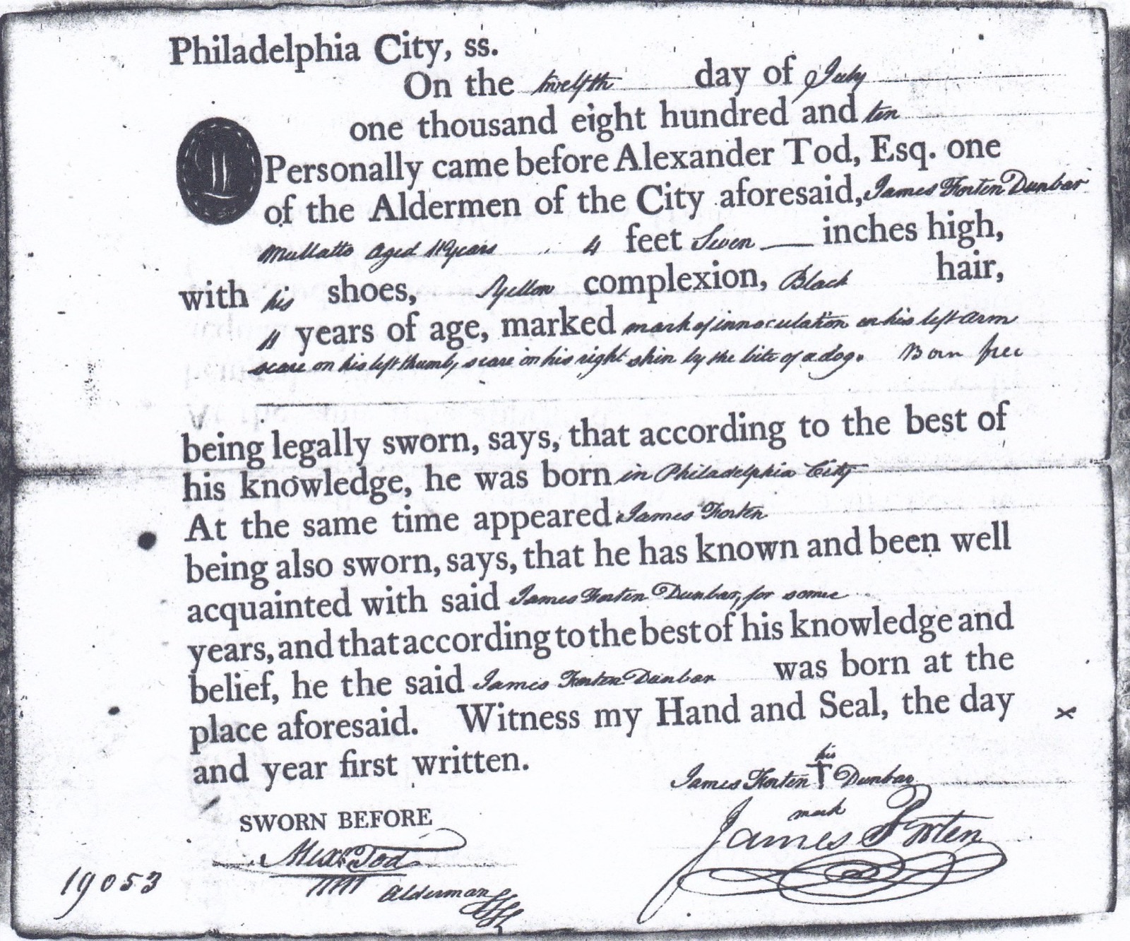 Photocopy of a printed form headed Philadelphia City, ss., dated the twelfth day of July 1810, with blanks filled in by hand for height, with his shoes, complexion, hair, years of age and marks, followed by the sworn statement of a second man and signatures, one of them a mark.